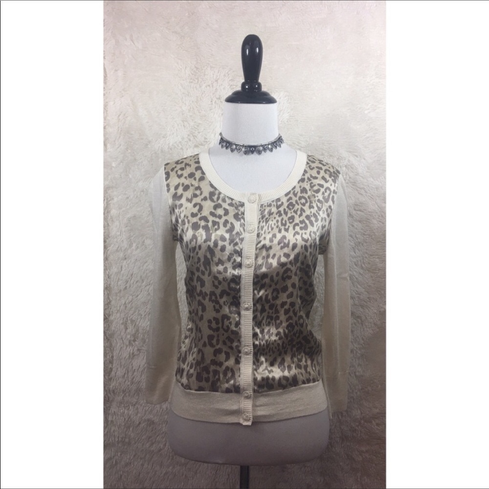Lucky Brand Cream Leopard Print Silk Cardigan XS